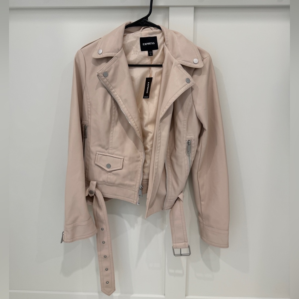Express Cream Leather Moto Jacket with Asymmetrical Zipper